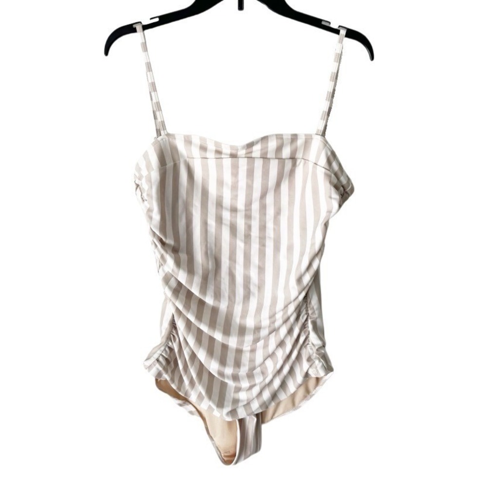 Albion Fit Striped Ruched Sweetheart One Piece Swimsuit Size Large